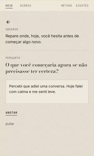Tela da manhã: convite de observação, pergunta do dia e campo para escrever ou pular.