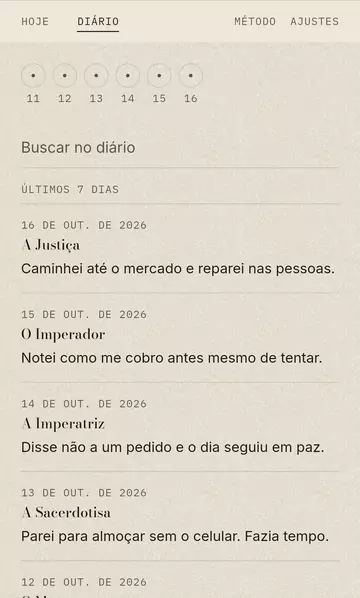 Diário: a faixa dos últimos dias, a busca e as entradas com data, carta e anotação.