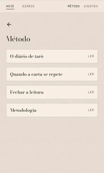 Tela Método no app, com os temas: o diário de tarô, quando a carta se repete, fechar a leitura e metodologia.
